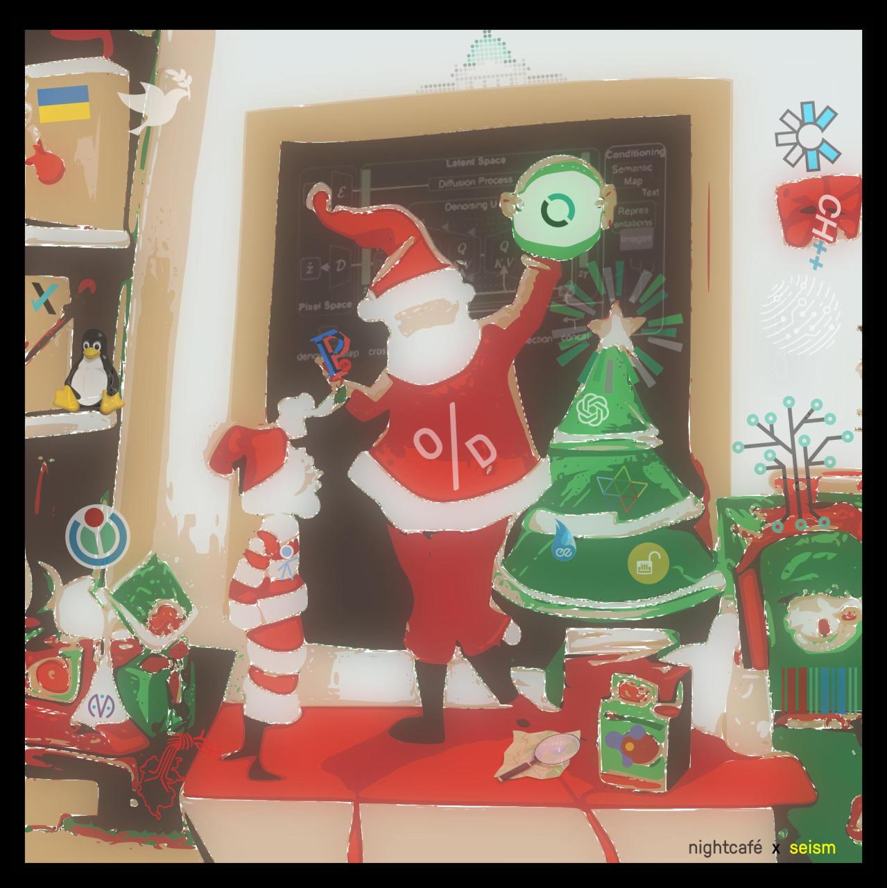 Santa's workshop, with an elf being tutored at the blackboard while another dances in the corner. Packages, gifts, and a christmas tree, with symbols of civic institutions throughout.