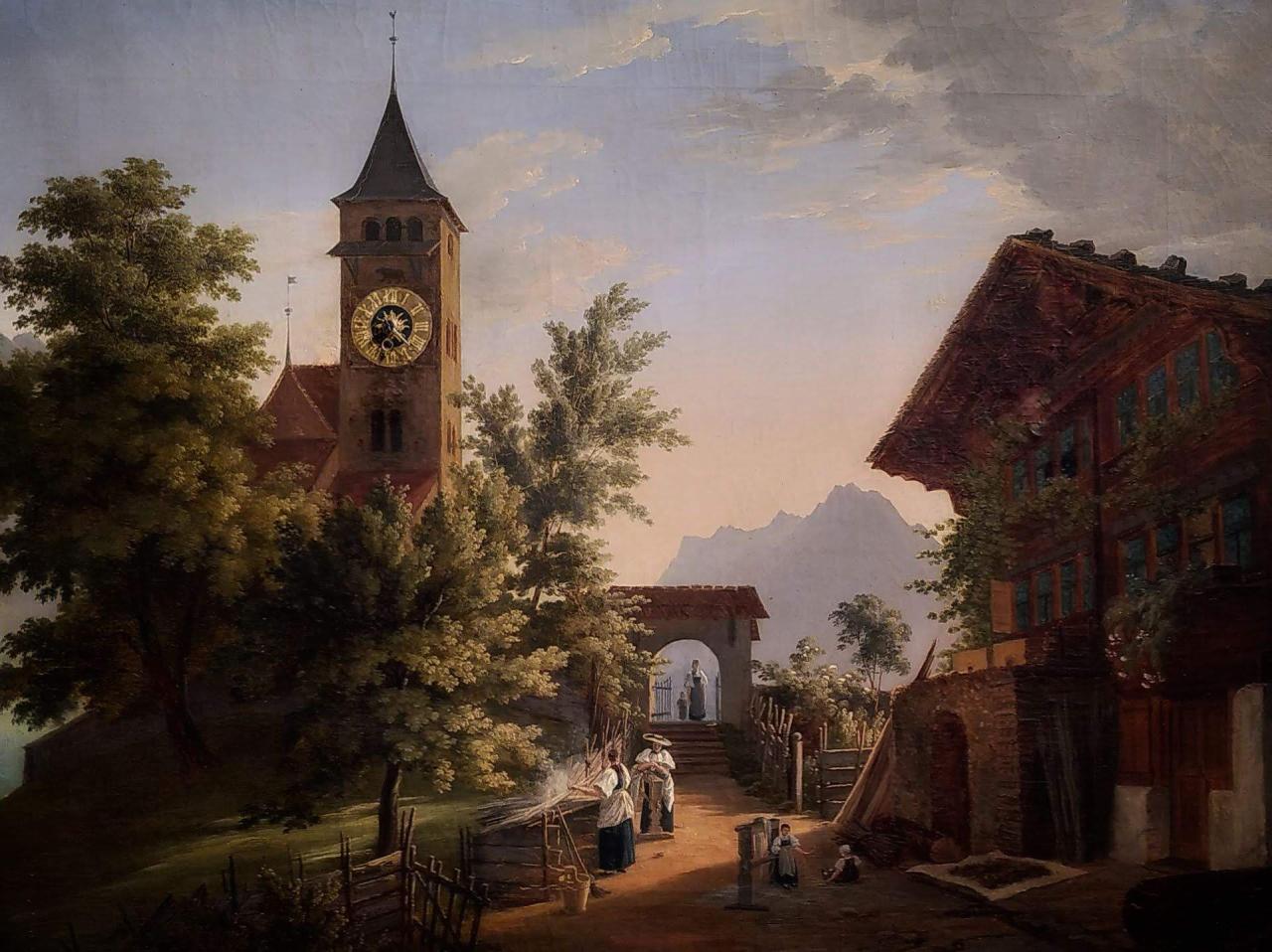 19th century town with churchspire, people at work, children at play